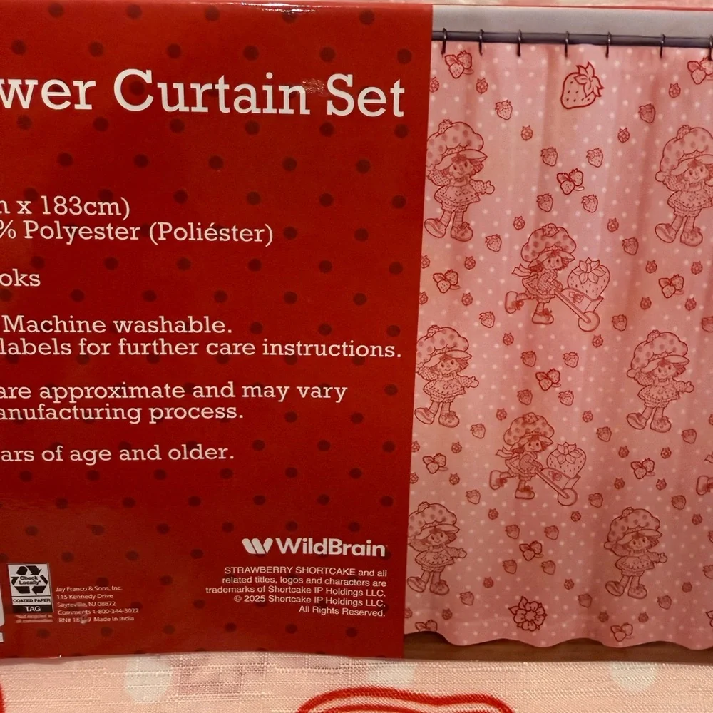 Strawberry Shortcake Pink Shower Curtain Set with Metal Roller Hooks